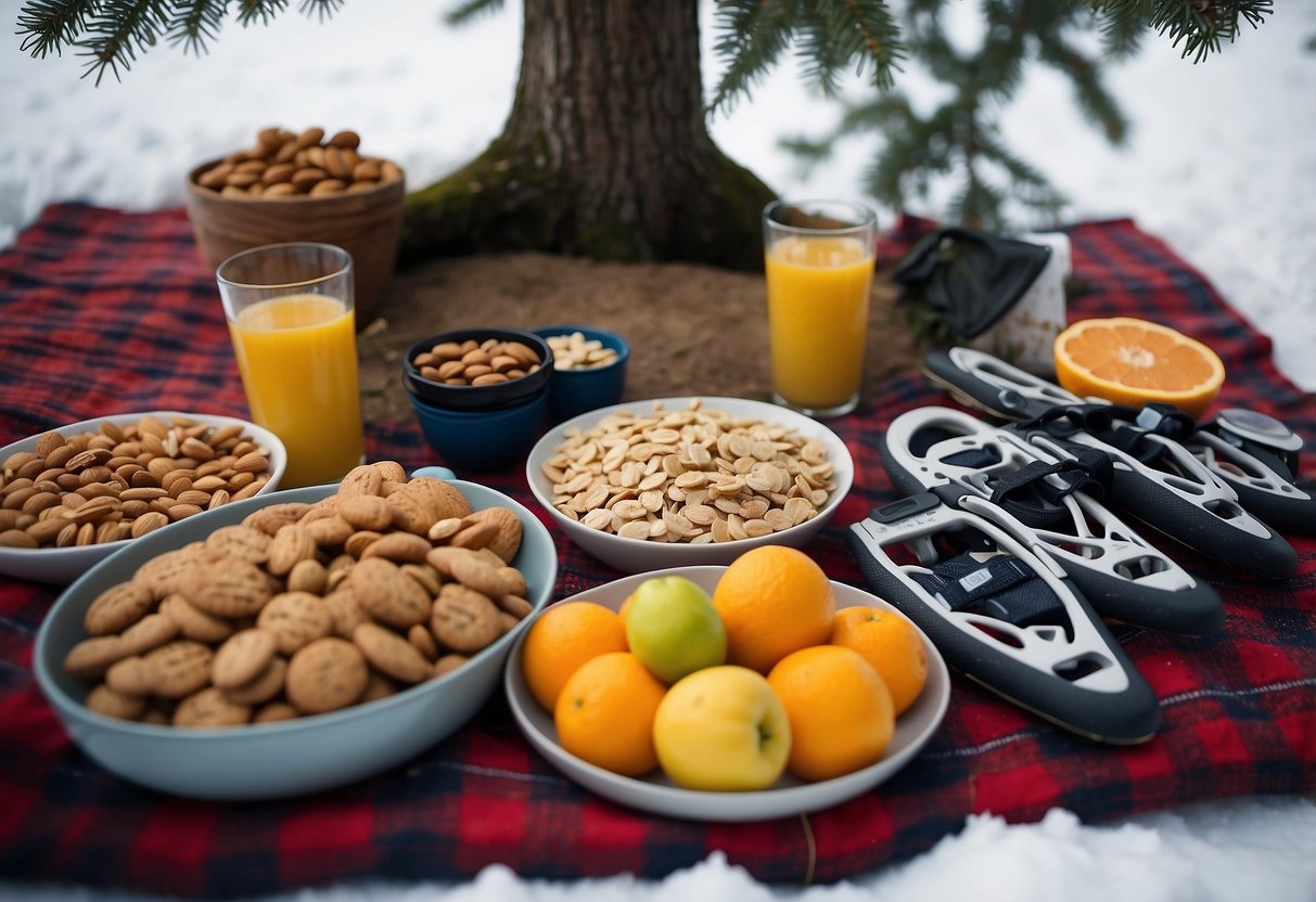 Snowshoes rest against a snow-covered tree, surrounded by a variety of healthy snacks. Fruits, nuts, and energy bars are neatly arranged on a colorful picnic blanket, ready to fuel a day of outdoor adventure