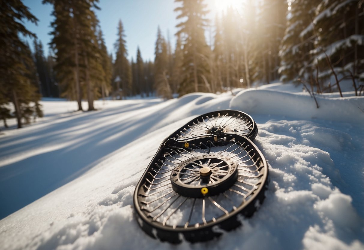 Snowshoes on snowy trail, surrounded by trees. Map and compass in hand, backpack with essentials. Bright sun and clear sky. Wildlife tracks in the snow