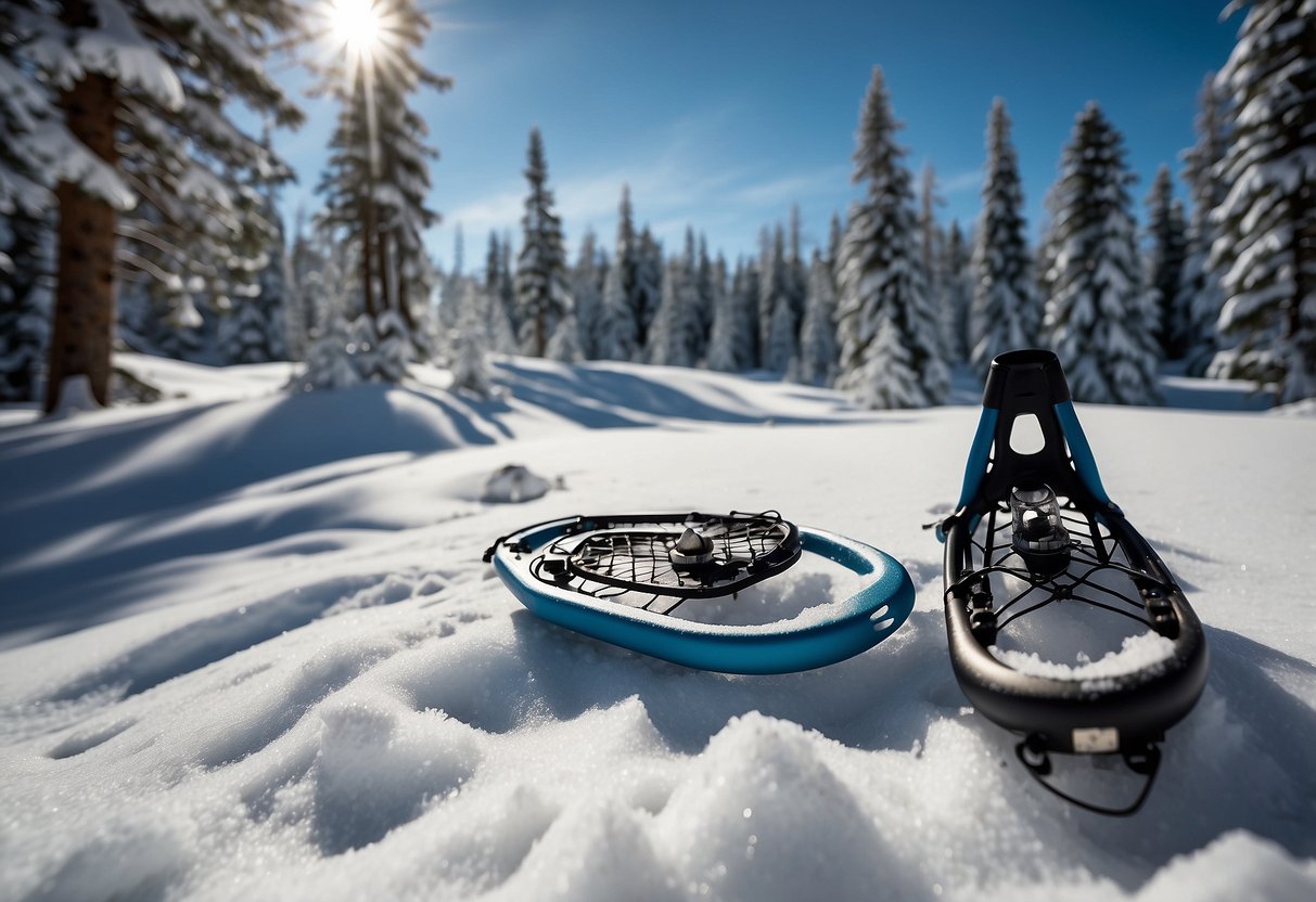 Snowshoes laid out in fresh snow, surrounded by trees and a clear blue sky. A thermometer shows cold temperatures, and a checklist of safety tips is visible nearby