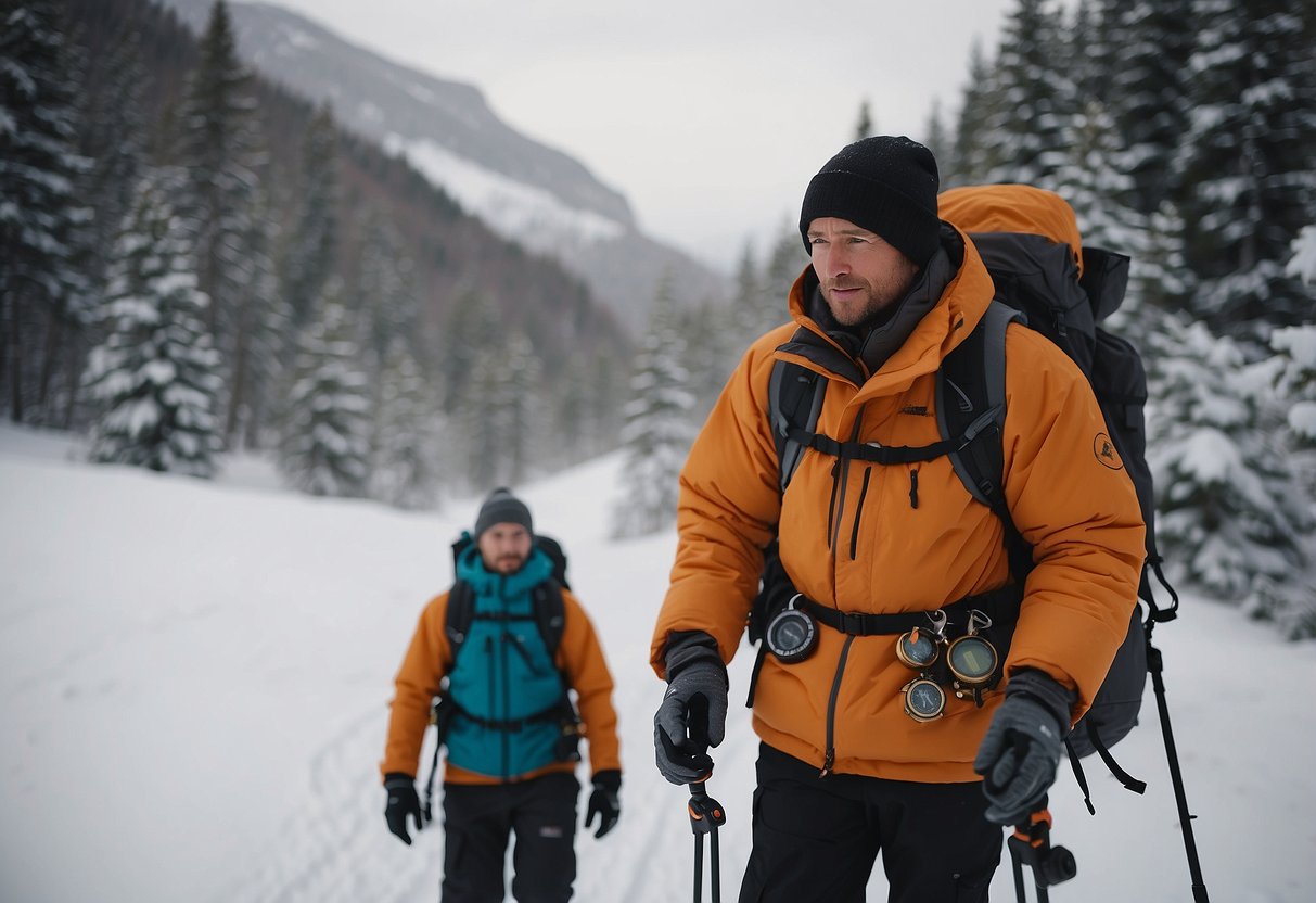 A snowshoer checks their gear, tells a friend their route, and carries a map and compass for safety. They wear layers and bring extra supplies in a backpack