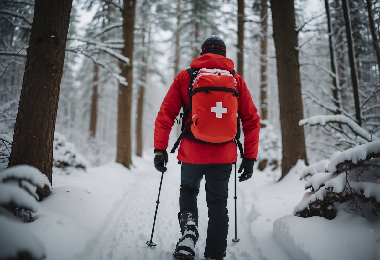 A snowshoer carries a red first aid kit in a snowy forest. Trees and snow-covered ground surround the person