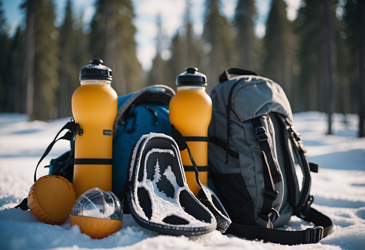 Snowshoes, backpack, water bottle, and food supplies arranged on snowy ground. Safety tips written on a signpost nearby. Snow-covered trees in the background