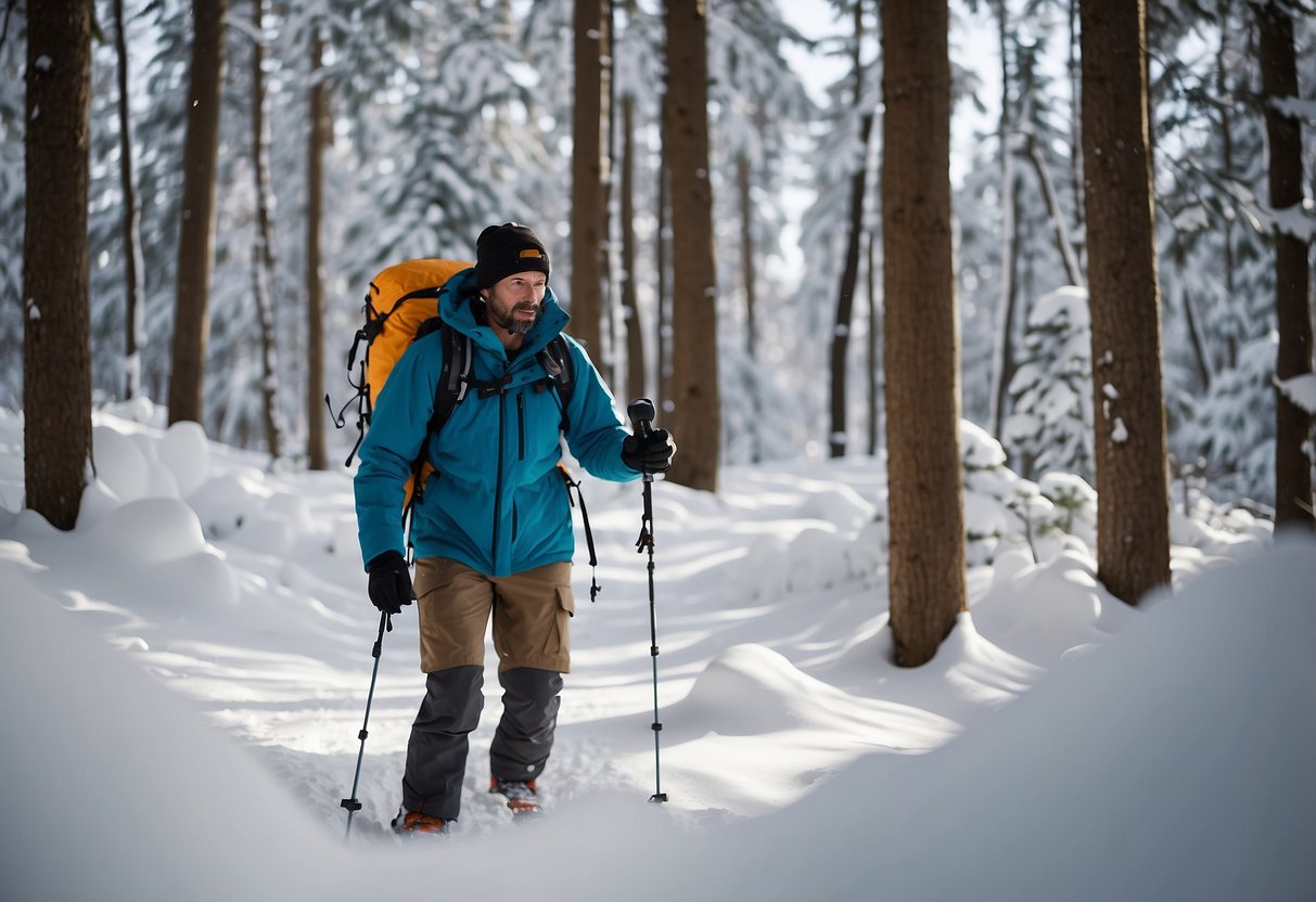 A snowshoer uses a GPS or compass to navigate through a snowy forest. They follow safety tips for solo snowshoeing, ensuring a safe and enjoyable adventure