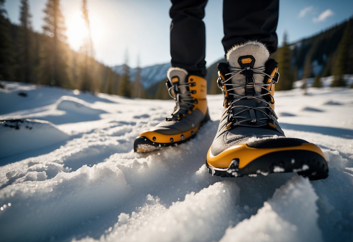 Snowshoes on snowy trail, surrounded by trees and mountains. Boots are waterproof. Safety tips visible in background