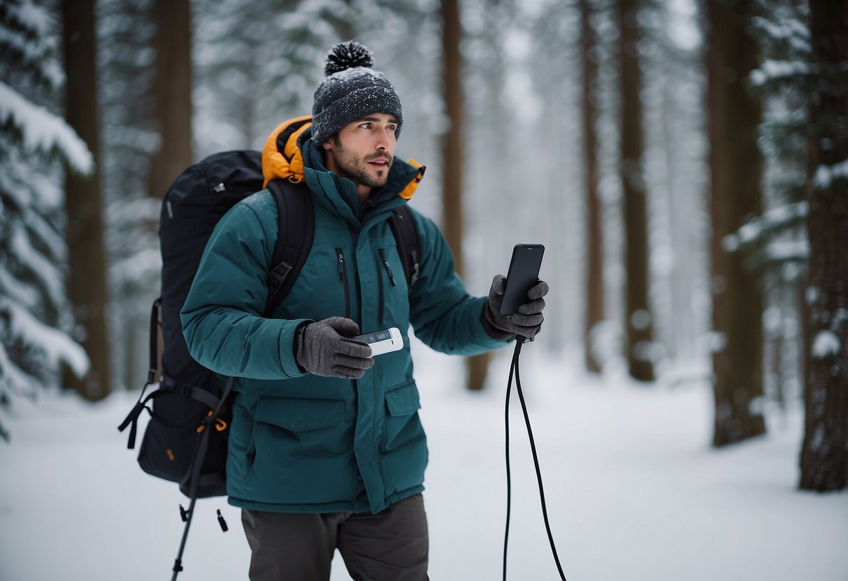 A snowshoer carrying a portable phone charger in a snowy forest, surrounded by trees and wearing winter gear