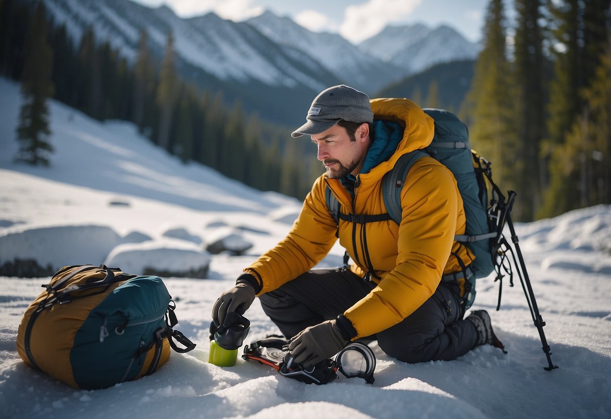 A snowshoer checks gear, maps route, and packs emergency supplies for solo trek. Safety tips list nearby. Snow-covered trees and mountains in background