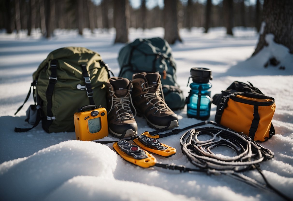 A snowshoer's gear laid out on the snow: snowshoes, poles, warm clothing, first aid kit, map, compass, and emergency whistle. Snow-covered trees in the background