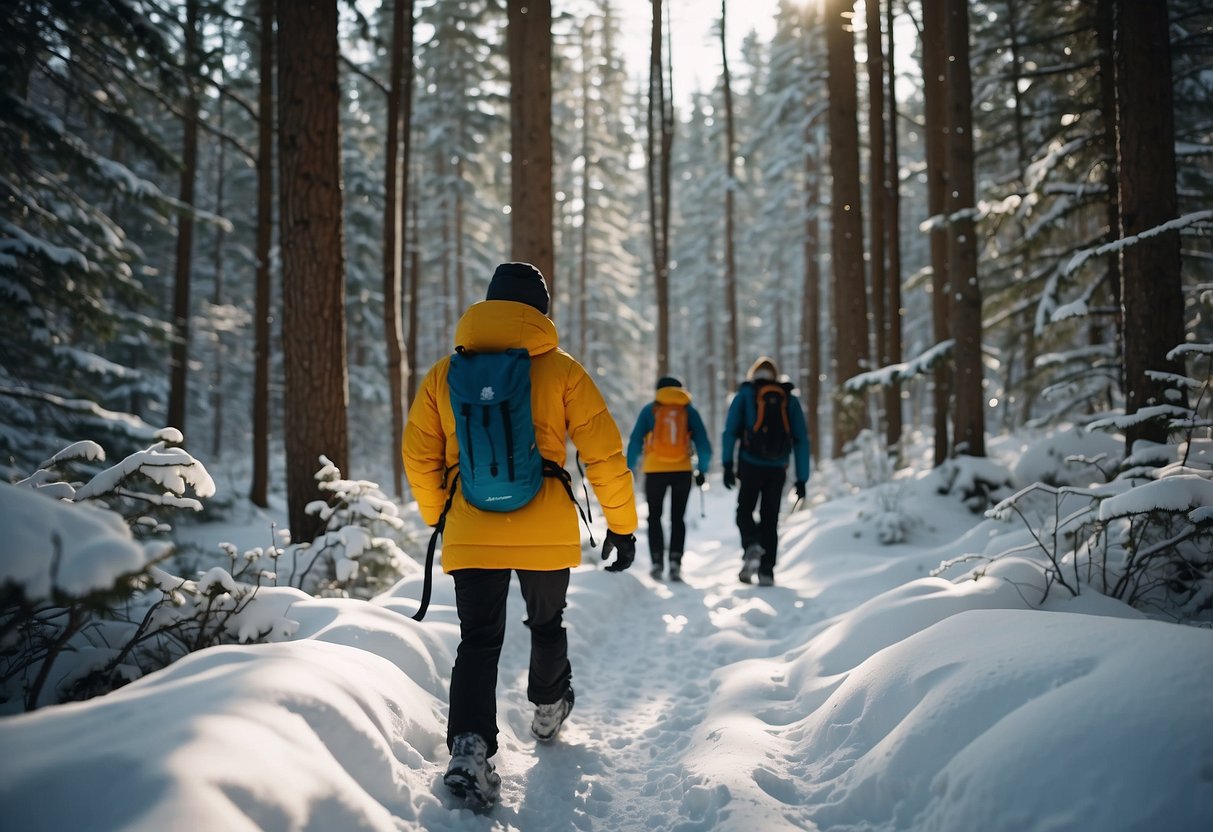 Snowshoers walk through snowy forest, carrying reusable water bottles and picking up any trash. They use biodegradable sunscreen and stay on marked trails