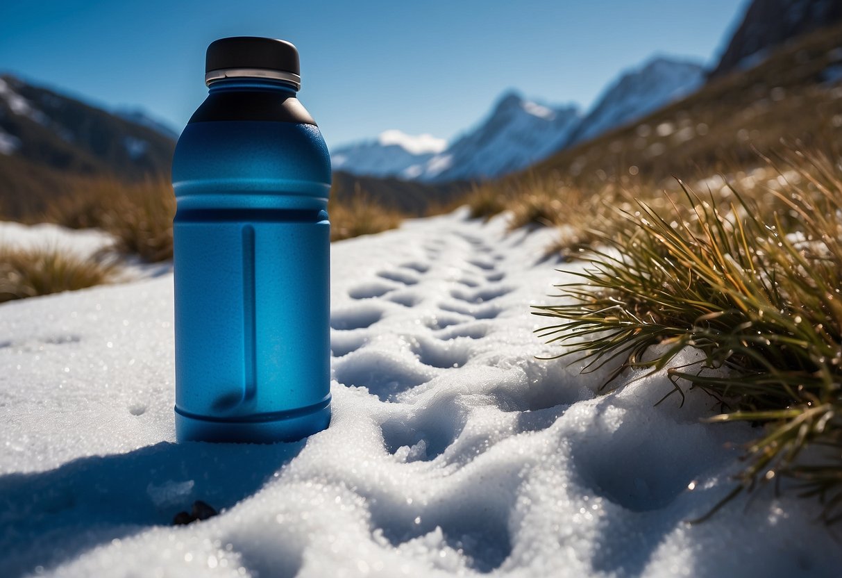 A snowy trail with a person's footprints leading to a mountain peak, with a reusable water bottle placed prominently in the foreground