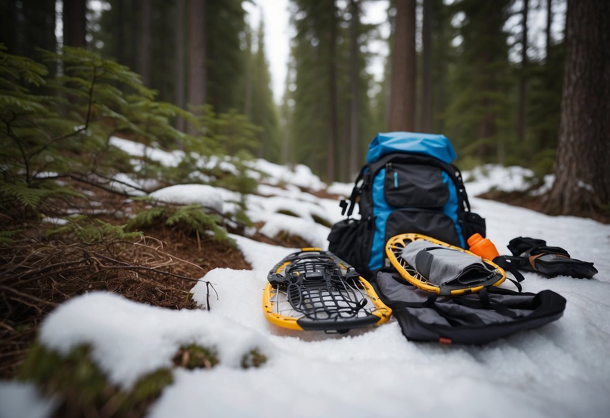 Snowshoes, poles, and a backpack lie next to a pristine trail. Empty food wrappers and water bottles are gathered in a reusable trash bag