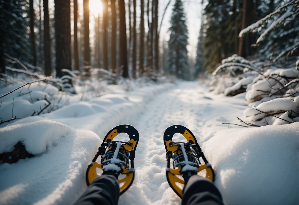 A snowy forest trail with eco-friendly snowshoes, surrounded by untouched nature and wildlife, with minimal impact on the environment