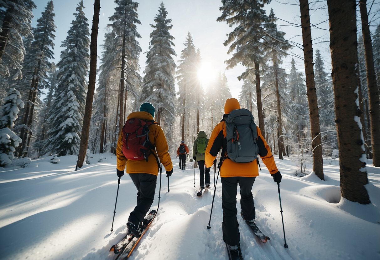 Snowshoers follow marked trails through snowy forest, leaving no trace