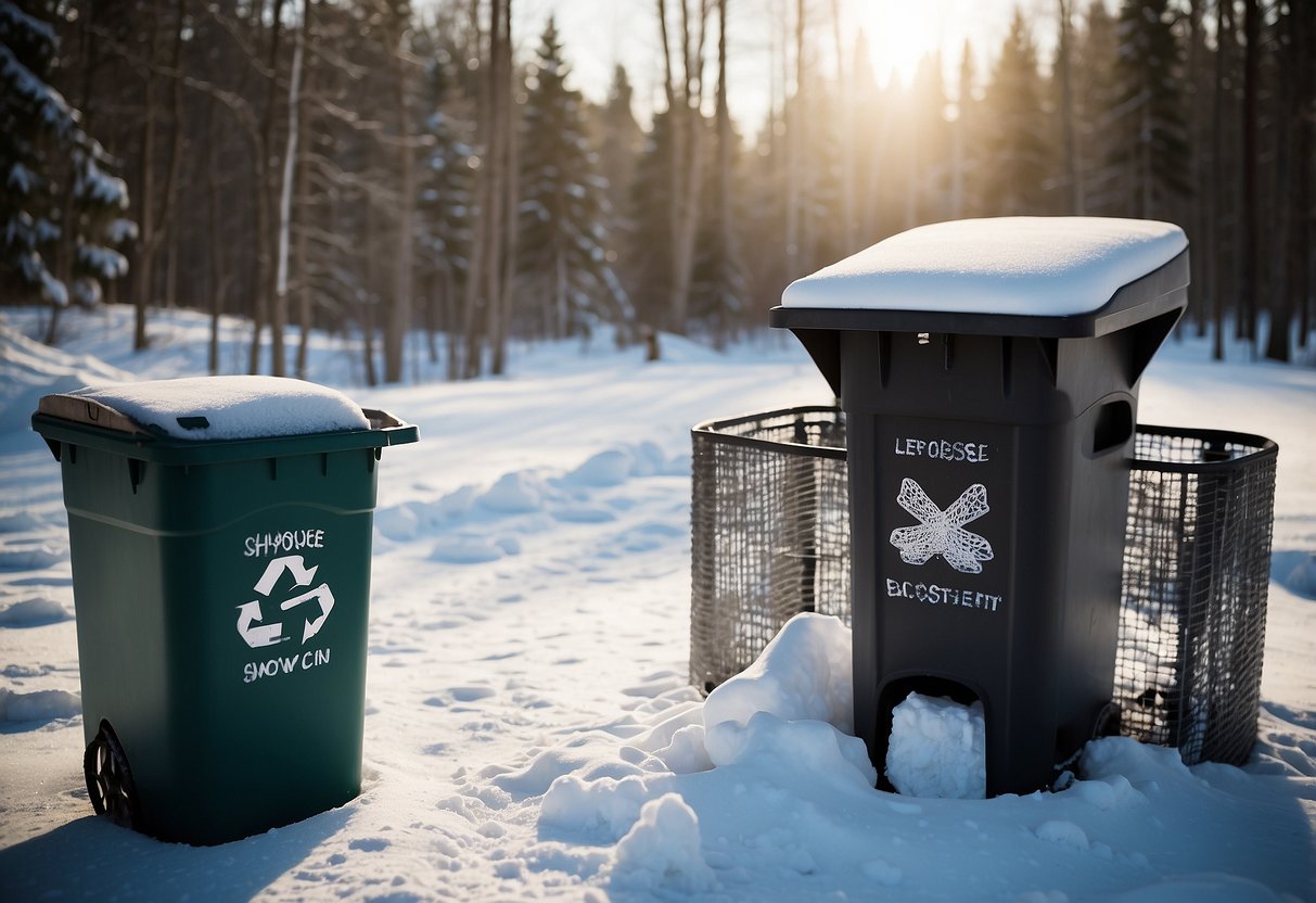 Snowshoes next to a trash can, with separate bins for recycling and composting. A sign reads "Dispose of waste properly." Snow-covered trees in the background