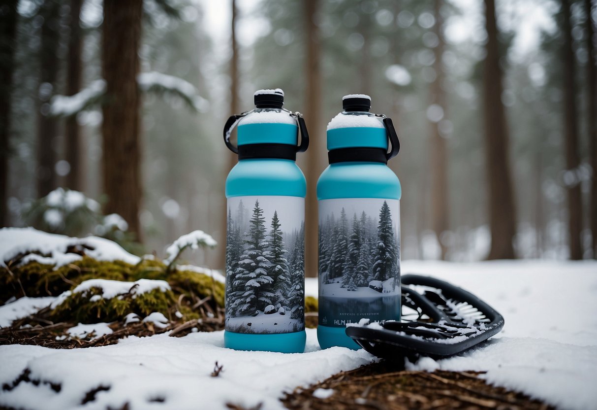 A snowy forest scene with biodegradable snowshoes, reusable water bottles, and minimal impact on the environment. Wildlife roams freely in the background