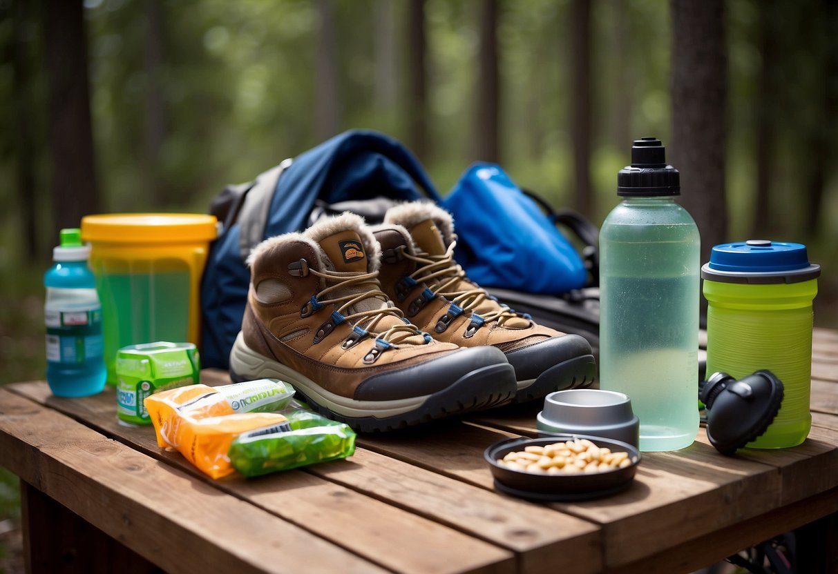 Snowshoes and gear laid out on a wooden table, surrounded by reusable water bottles, solar-powered headlamps, and biodegradable snacks. A recycling bin sits nearby