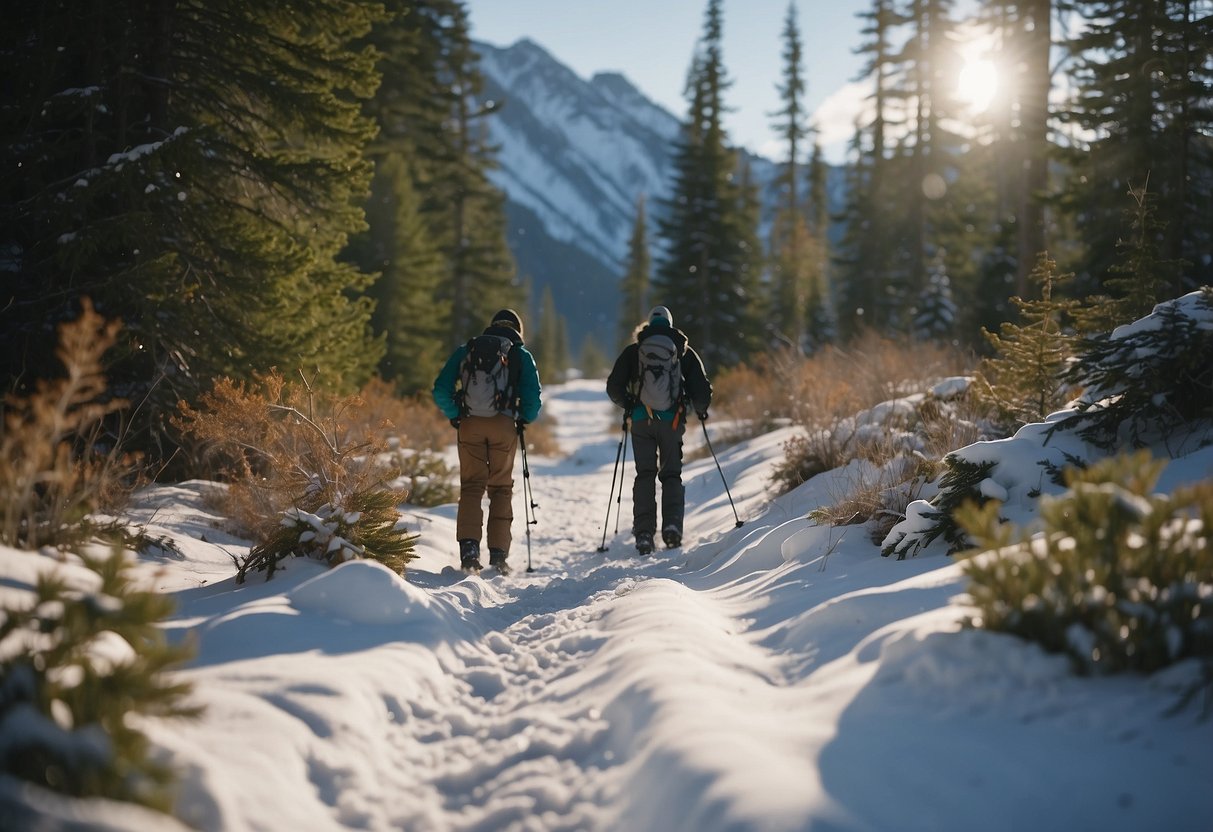 Snowshoers pick up litter, use biodegradable gear, stay on marked trails, and avoid disturbing wildlife, leaving the environment undisturbed