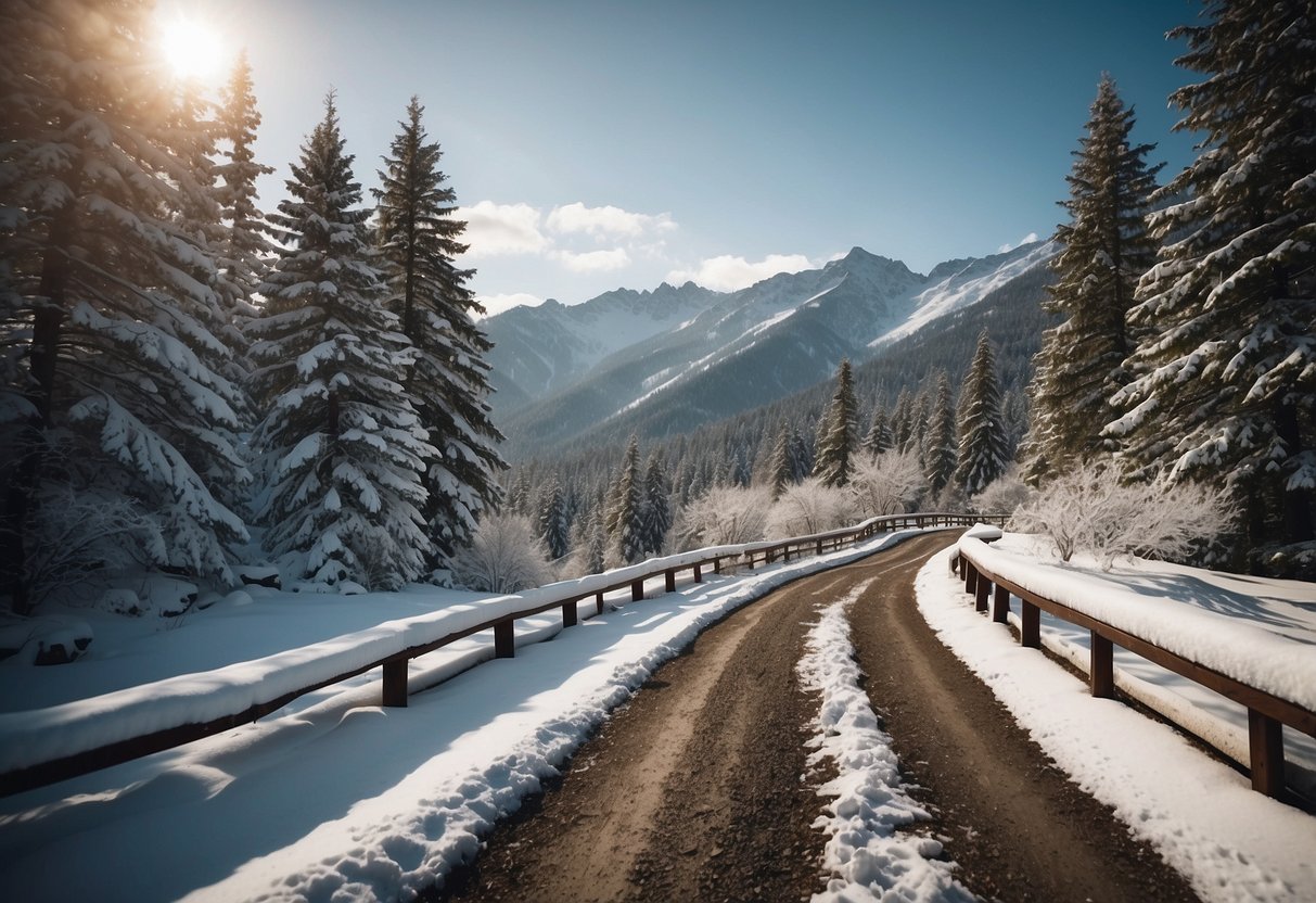 A serene forest trail with snow-covered trees and gentle slopes, leading to a picturesque mountain vista