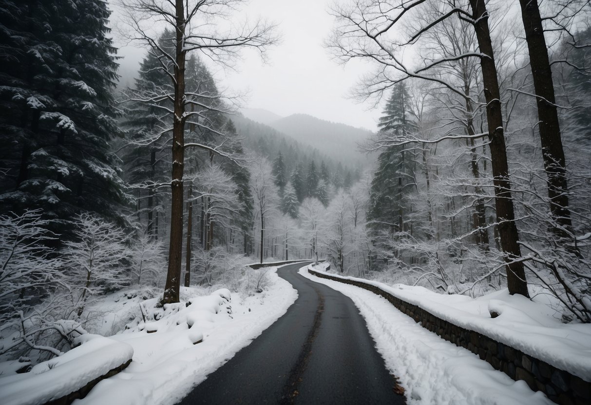 Snow-covered trails wind through the serene landscape of Great Smoky Mountains National Park, with towering trees and majestic mountains in the background