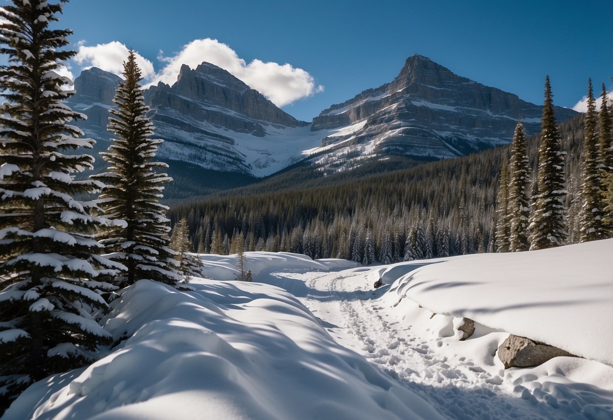 Snow-covered mountains and pine trees in Glacier National Park, Montana. Snowshoeing trails winding through the pristine wilderness