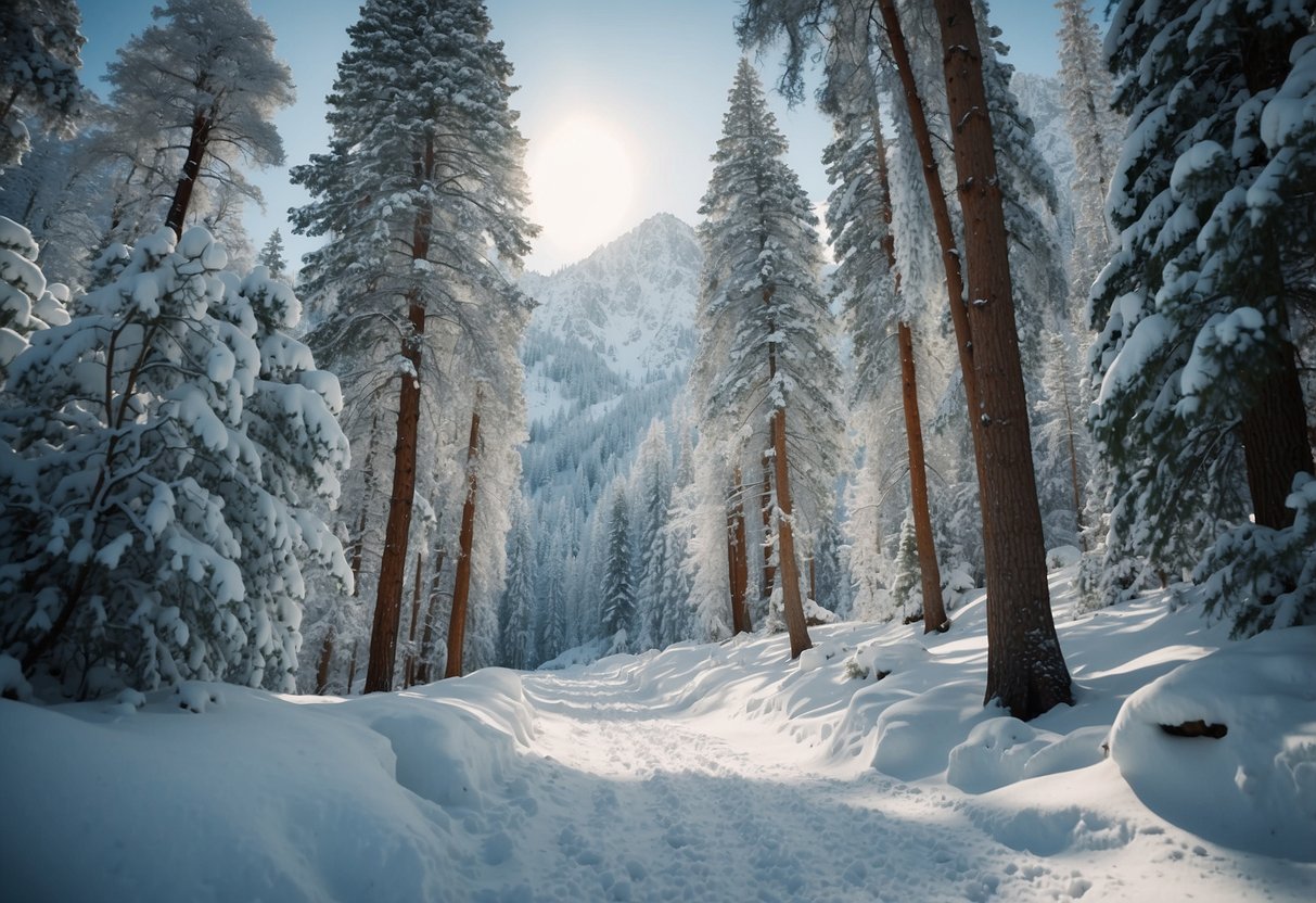 Snow-covered trees line the trail in Big Cottonwood Canyon, Utah. Snowshoers trek through the peaceful winter landscape, surrounded by towering mountains