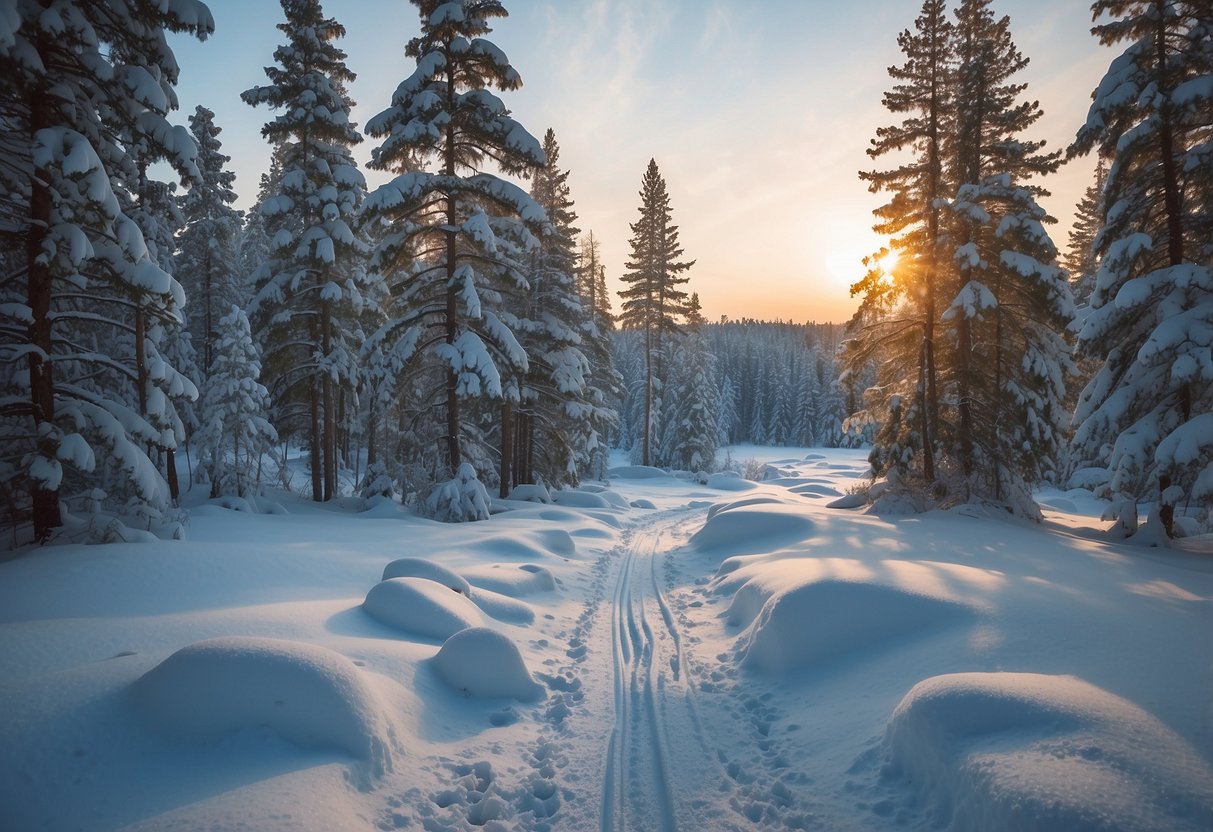 A serene winter landscape in Boundary Waters, Minnesota. Snow-covered trees and a frozen lake, with snowshoe tracks leading into the wilderness