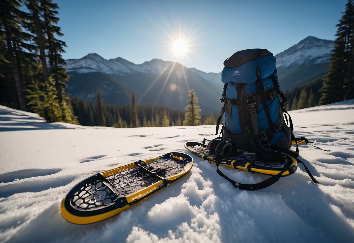 Snowshoes, poles, and backpack lay on snowy ground. Evergreen trees and mountains in the background. Clear blue sky