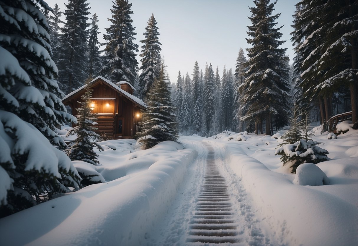 A snowy trail winds through a tranquil forest, with gently sloping hills and clear paths. Snowshoe tracks mark the way, leading to a cozy cabin nestled among the trees