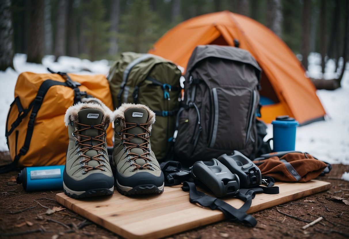 Snowshoes and gear laid out on a map, next to a backpack filled with supplies. A tent is being pitched in a snowy clearing, with a campfire and cooking supplies nearby