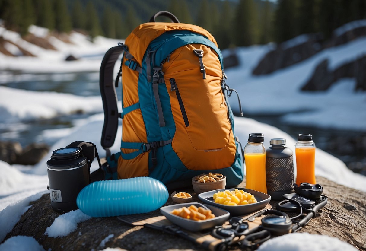 A backpack with high-energy snacks and hydration bottles laid out on a snowy trail map, surrounded by snowshoes and trekking poles