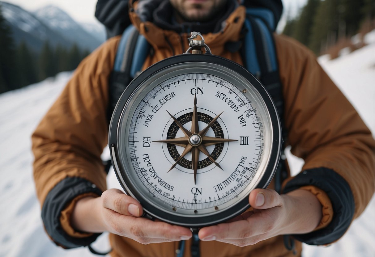 A person carrying a map and compass while walking through a snowy landscape with snowshoes on their feet