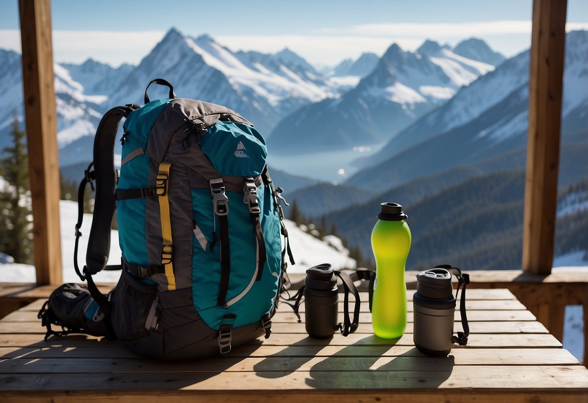 A group of snowshoes, trekking poles, and a map laid out on a wooden table. A backpack and insulated water bottles sit nearby. Snow-covered mountains and trees are visible through a window in the background