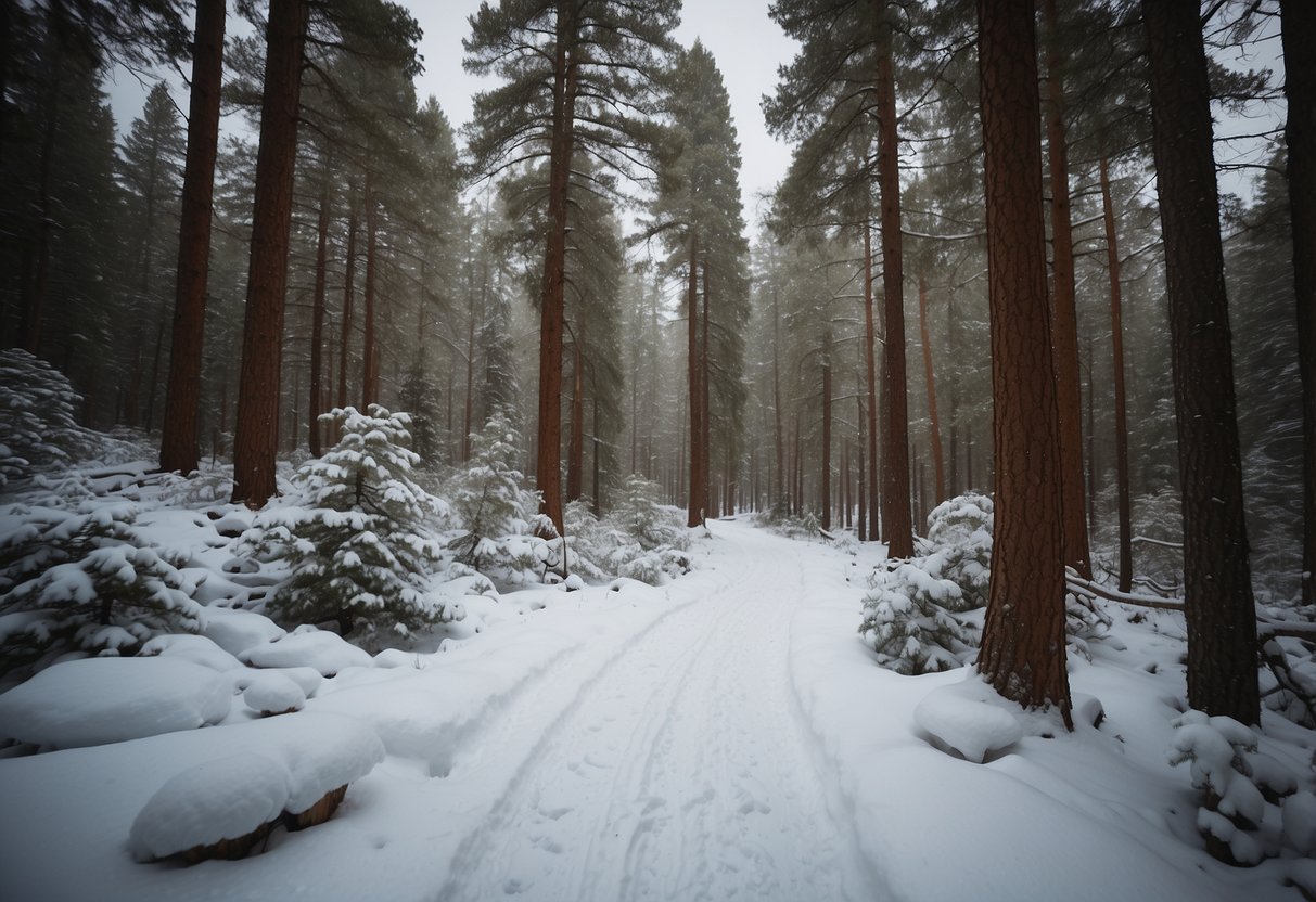 Fresh snow covers a winding trail through a pine forest. The sky is overcast, with light flurries falling. The trail is marked with snowshoe tracks, and the surrounding trees are heavy with snow