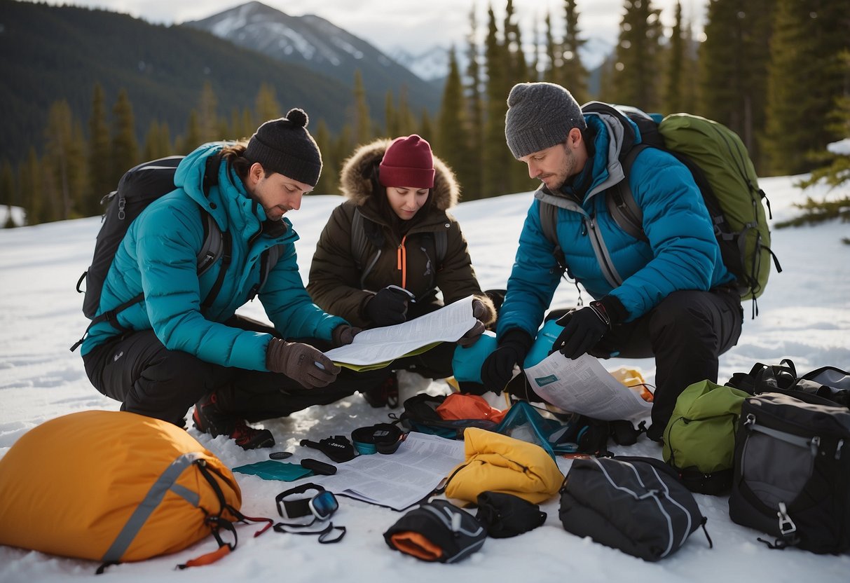 A group of snowshoers carefully pack their gear, check their emergency supplies, and review their route map before setting out on a multi-day trip