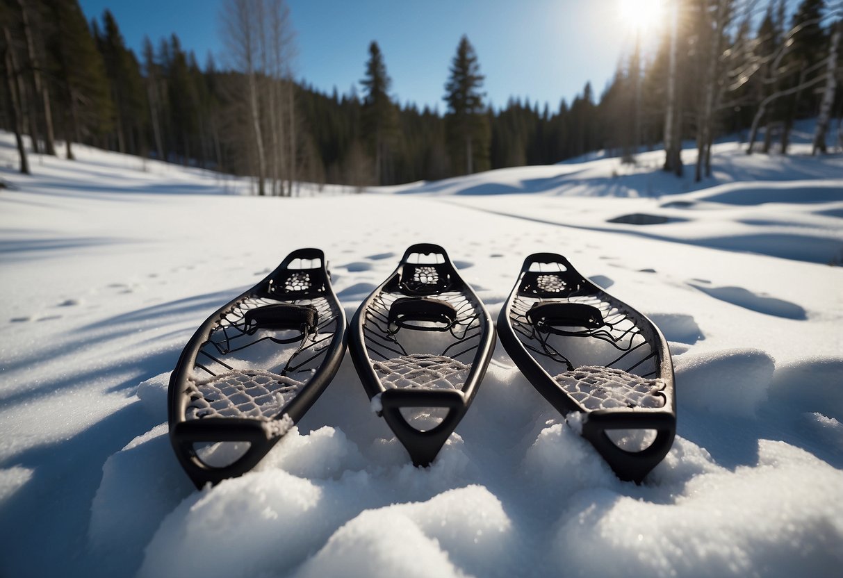 Snowshoes arranged in a row on fresh snow, with a backdrop of snowy trees and a clear blue sky