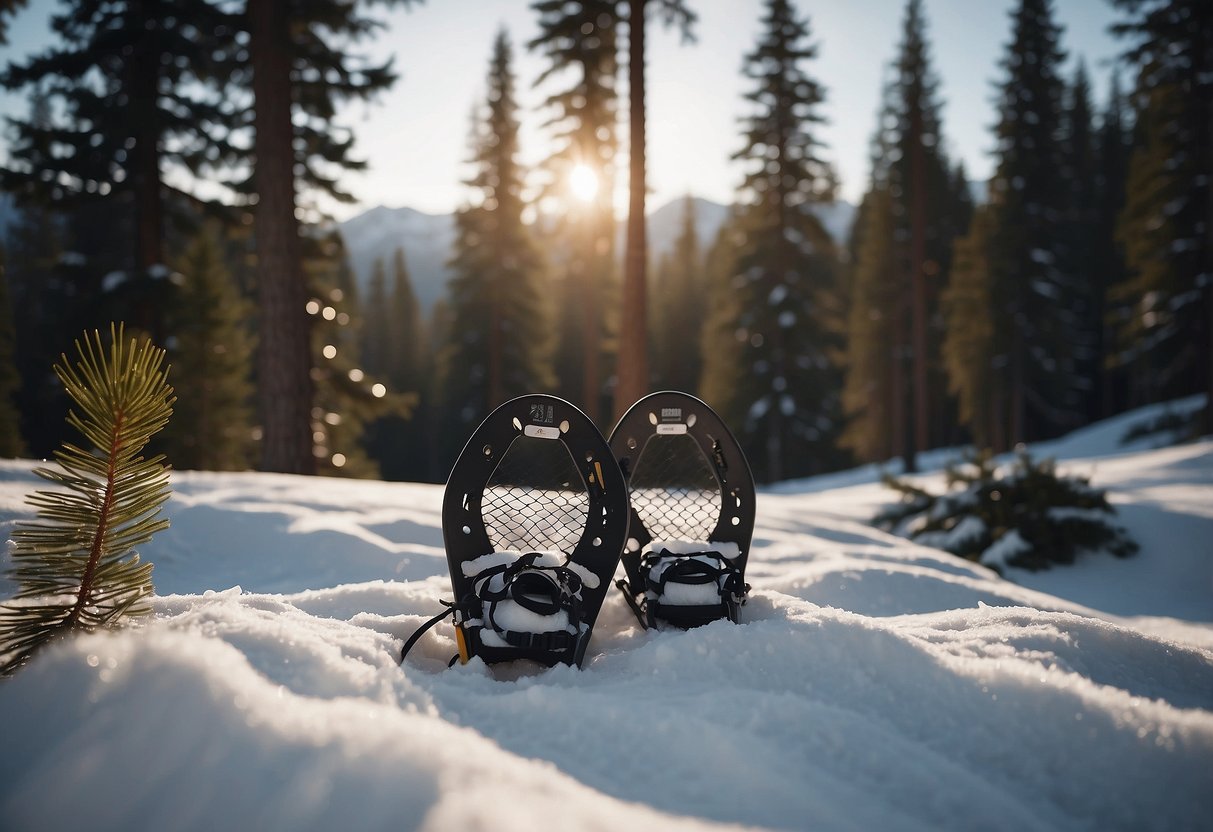 Snowshoes on snowy trail, surrounded by pine trees and mountains