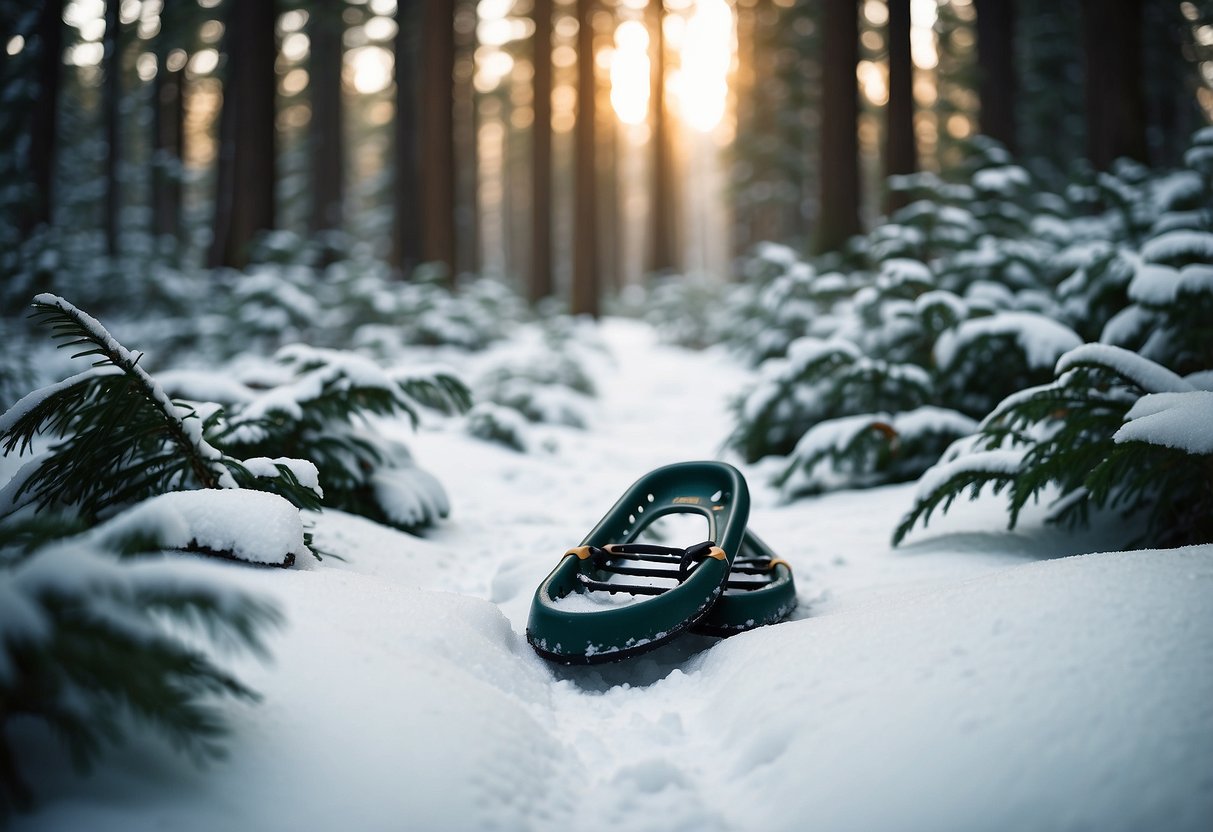 A snowy forest trail with Atlas Helium-BC 5 snowshoes on the ground, surrounded by fresh powder and tall trees