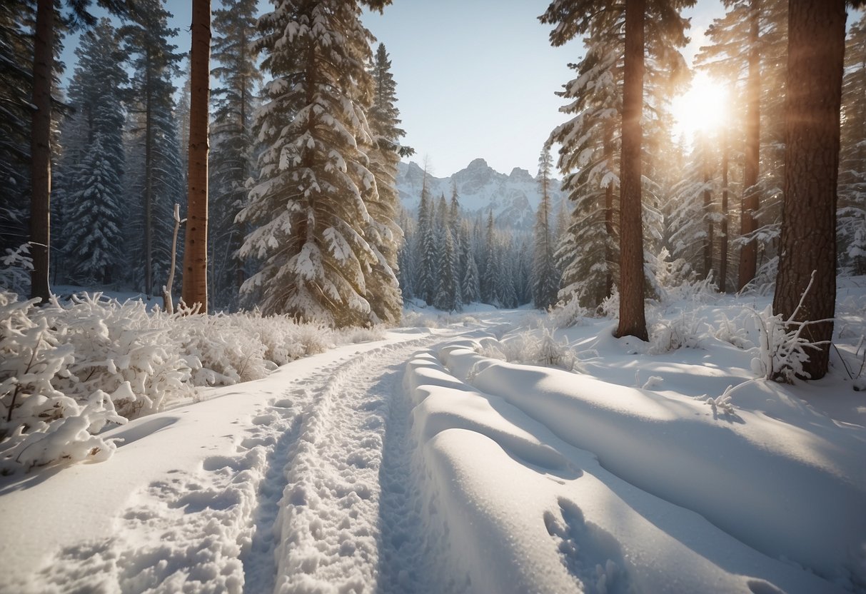 A snow-covered mountain trail winds through a forest, with snowshoe tracks leading into the distance. The sun glistens off the white landscape, creating a serene and peaceful winter scene