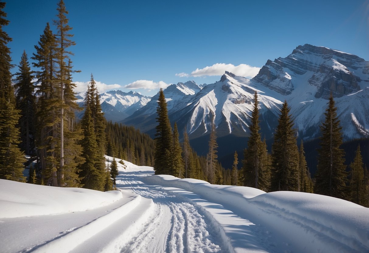 Snow-capped mountains, winding trails, and pine trees in Banff National Park, Canada. Snowshoers explore 10 scenic routes around the world