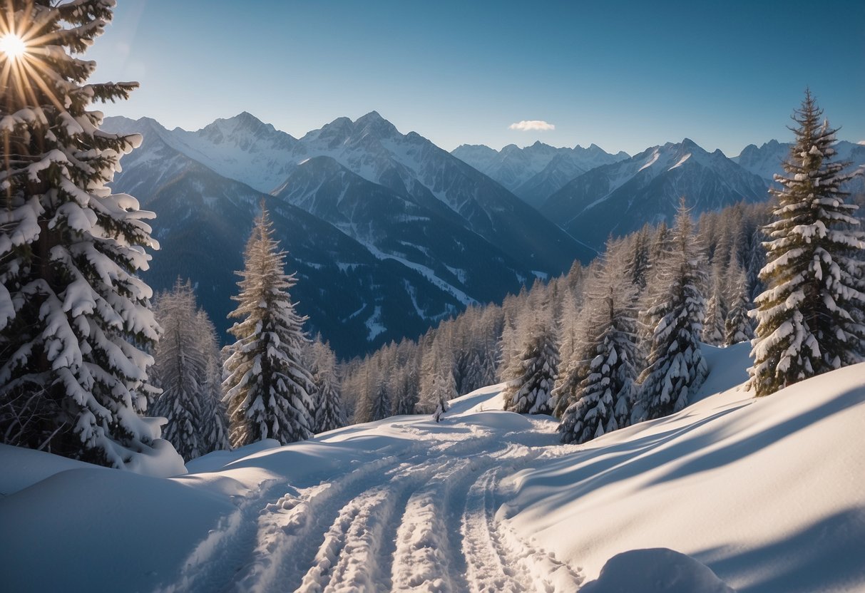 Snow-capped mountains in Tyrol, Austria. Snowshoeing paths winding through the picturesque landscape. A peaceful and serene winter scene