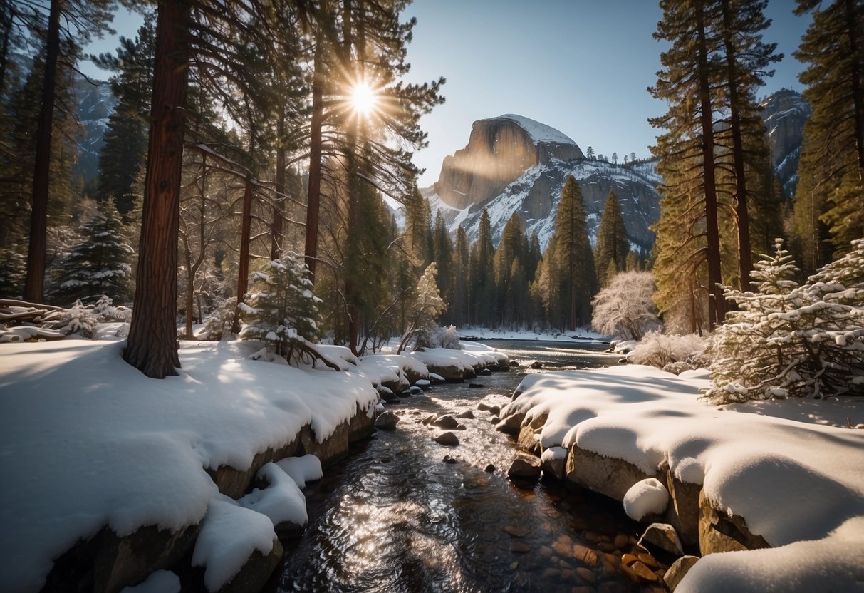 Snow-capped mountains tower over a winding trail, flanked by towering pines and a glistening frozen lake. The sun casts a warm glow over the serene winter landscape of Yosemite National Park