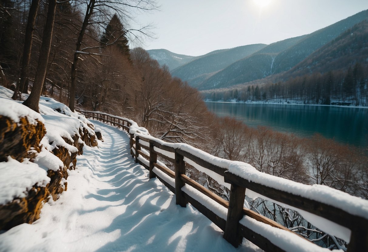 Snow-covered trails wind through Plitvice Lakes, Croatia. Crystal-clear waters peek through icy layers, surrounded by towering trees and snow-capped mountains