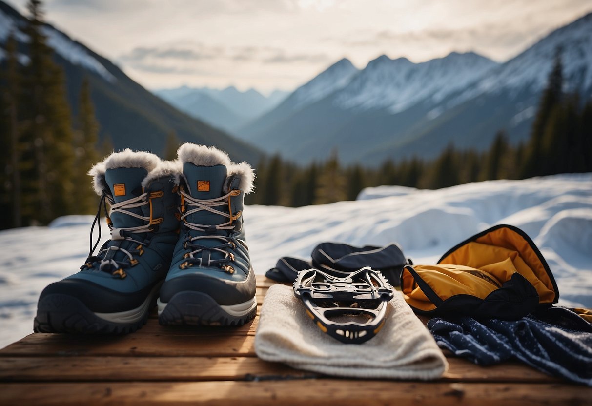 Snowshoes, warm clothing, and gear laid out on a table. Packing list and map nearby. Snow-covered mountains in the background