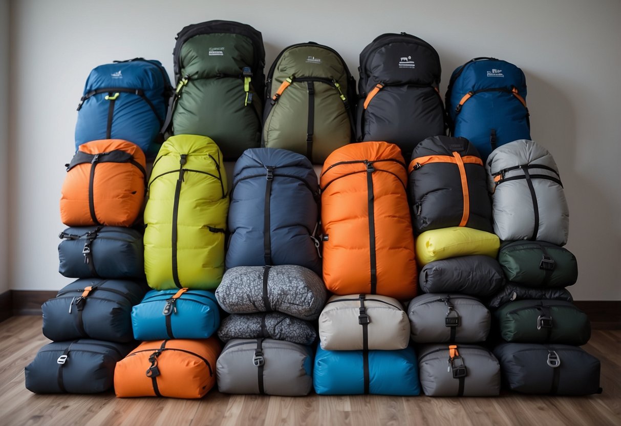 Snow pants laid out with gloves, hat, and other gear. Packing cubes and compression sacks neatly organized. Snowshoes propped against the wall