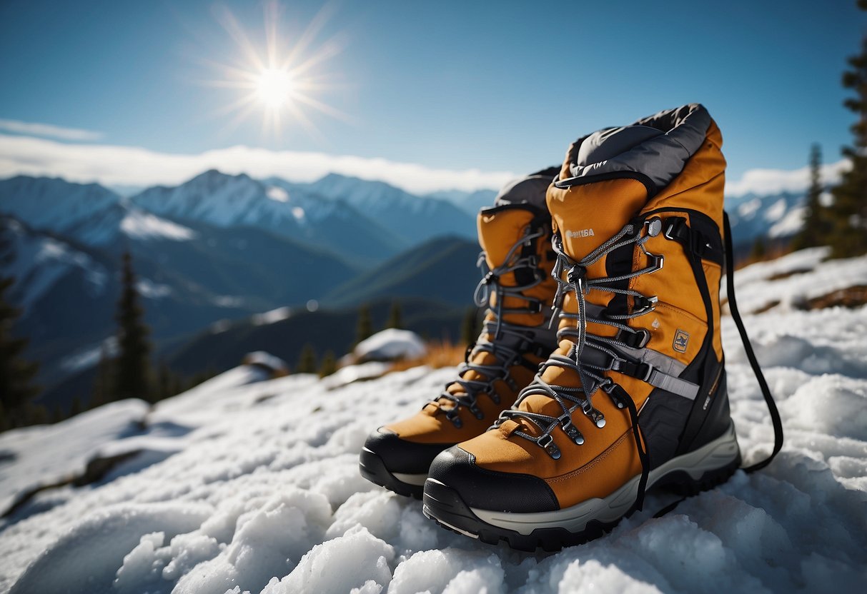 Snow-covered trail with a pair of insulated hiking boots, a backpack, and snowshoes. Packing list and gear scattered around. Snow-capped mountains in the background