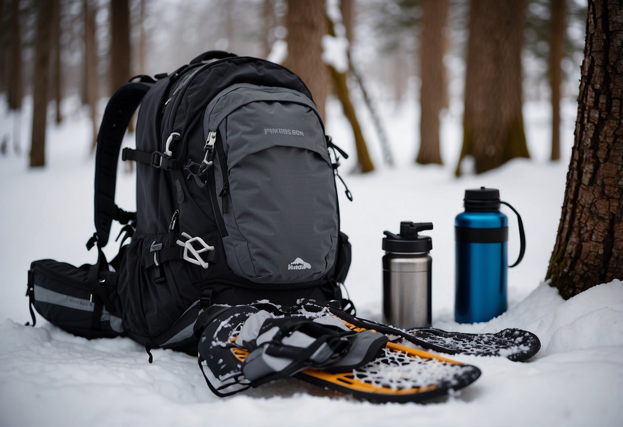 Snowshoes, poles, and Gore-Tex gloves laid out neatly next to a packed backpack. Map, water bottle, and snacks also visible. Snow-covered trees in the background