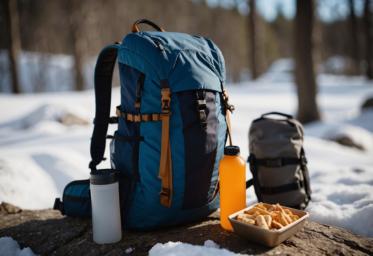 A backpack open on a snowy trail, with a thermal face mask, water bottle, snacks, map, and extra layers neatly packed inside