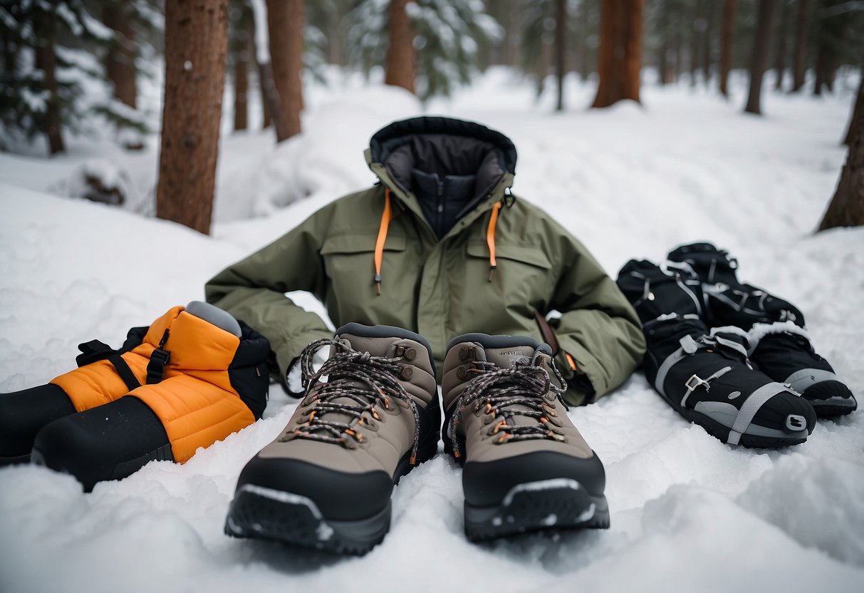 A snowy forest trail with a variety of lightweight snowshoeing apparel laid out on the ground, including jackets, pants, boots, and hats