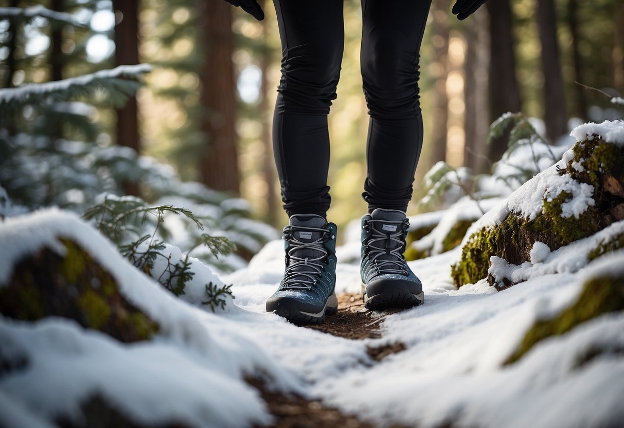 A snowy forest trail with a pair of Smartwool Merino 250 Base Layer Bottoms worn by a hiker, surrounded by lightweight snowshoeing gear