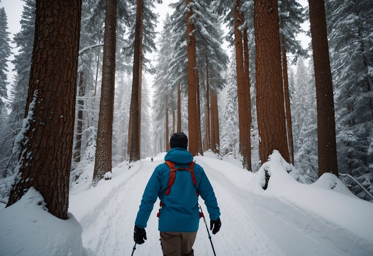 A snowy forest trail with a person wearing lightweight snowshoeing apparel, demonstrating layering techniques. Snow-covered trees in the background