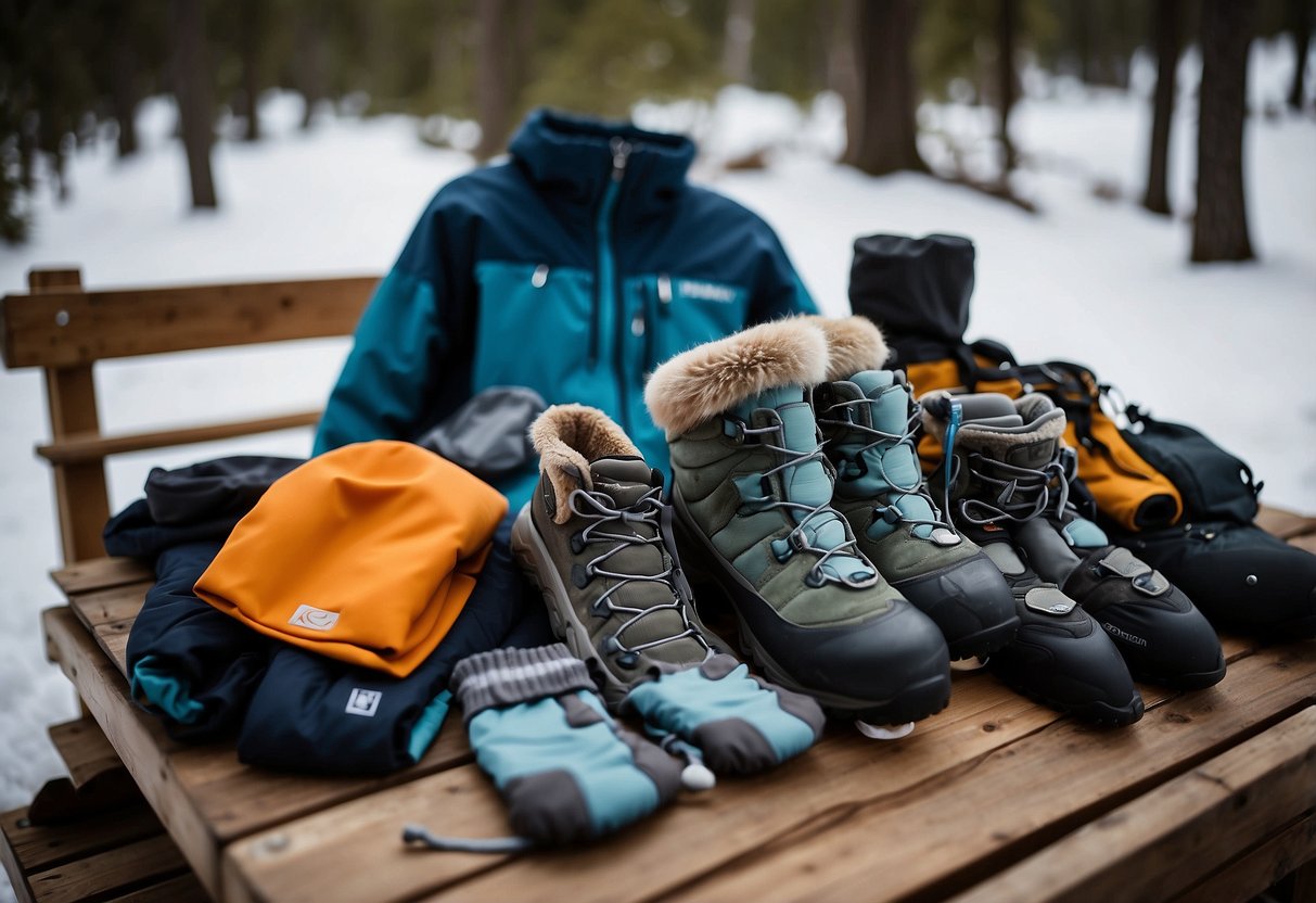 A snowy landscape with a variety of lightweight snowshoeing apparel options laid out on a table, including jackets, pants, boots, and gloves